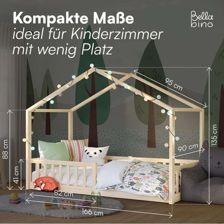 Bellabino 'Bia' Hausbett 80x160 cm mit Matratze, natur, Kiefer Massivholz, Bodenbett in Hausoptik, Montessori Kinderbett mit Rausfallschutz und Lattenrost – Bild 9