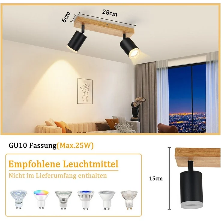 Nettlife Deckenstrahler Schwarz/Weiß GU10 Holz Vintage Deckenspots Küchenlampe, Schwenkbar, LED wechselbar, 350°Drehbar Flur Strahler Industrial für Wohnzimmer Schlafzimmer Küche – Bild 3