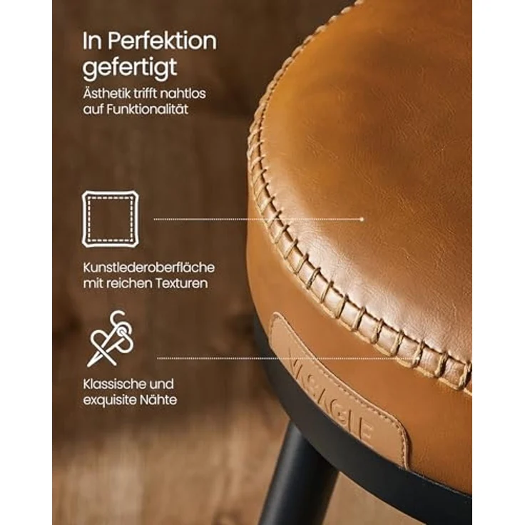 VASAGLE EKHO Kollektion - 360° drehbarer Barhocker, 2er Set, Hocker mit Rückenlehne für Kücheninsel, Kunstleder mit Nähten, Mid-Century-Modern-Stil, 65 cm hoch, Küche, Hausbar, karamellbraun – Bild 5