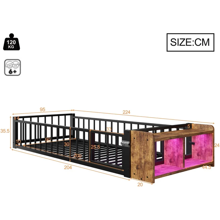 Merax Einzelbett, Kinderbett, Metallbett, 90 x 200 cm, Metallbettgestell, mit Schutzgeländer, ohne Matratze, Schließfächern, LED-Streifenleuchten, Schwarz – Bild 4
