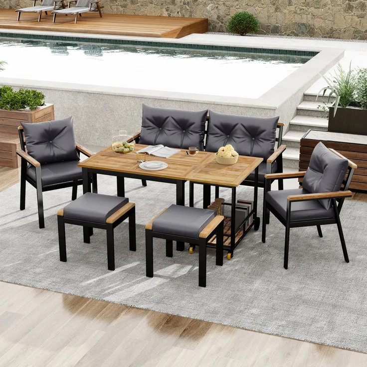 LVHOM 7-tlg. Gartenmöbel-Set, Lounge-Set für 6–7 Personen, wetterfeste Sitzgruppe inkl. Esstisch und abnehmbarem Servierwagen für Terrasse, Natur/Grau