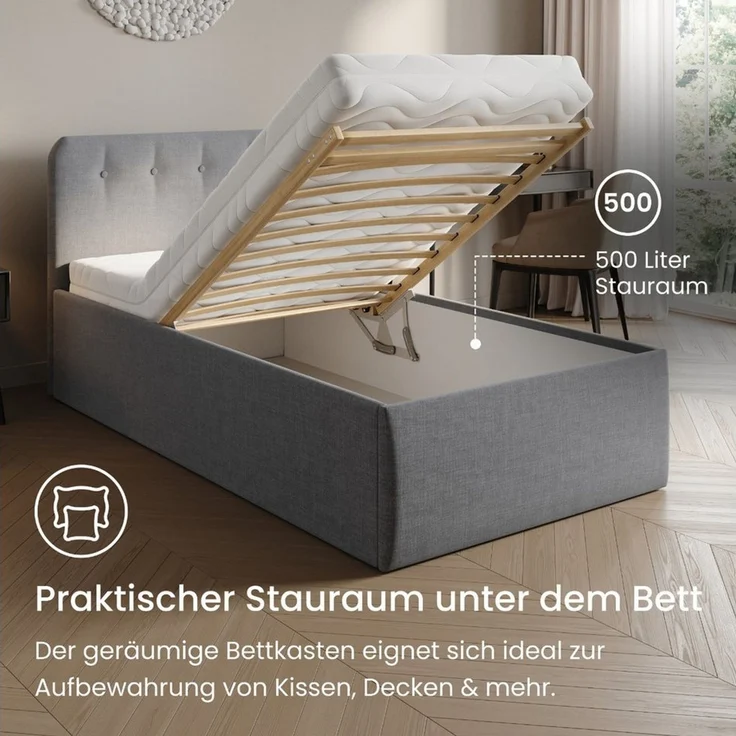 Home Collective Polsterbett Bett mit Stauraum, verstellbarem Lattenrost, viele Größen (Größen: 100x200 120x200 140x200 160x200 180x200 200x200, hochwertiger Strukturstoff, made in Germany), modernes Design mit hochwertigem Strukturstoff 100x200 cm, Grau – Bild 2