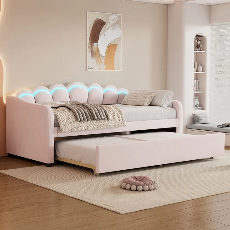 Ausziehbett 90/190–200×200 cm mit LED-Rückenlehne, Samt in Rosa, ohne Matratze