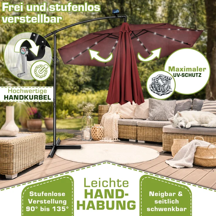 tillvex Alu Ampelschirm Rot LED Solar Ø 350 cm mit Kurbel | Sonnenschirm mit An-/Ausschalter | Gartenschirm UV-Schutz Aluminium | Kurbelschirm mit Ständer Marktschirm wasserdicht – Bild 3