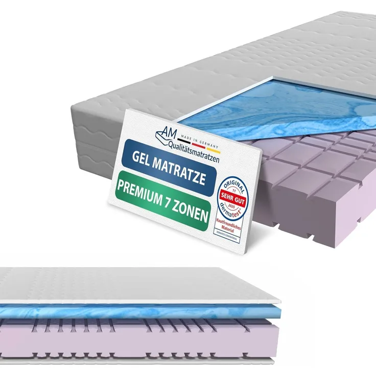 AM Qualitätsmatratzen Kaltschaummatratze mit 6 cm Gelschaum-Auflage, H2, Höhe 24 cm, 90x200 cm