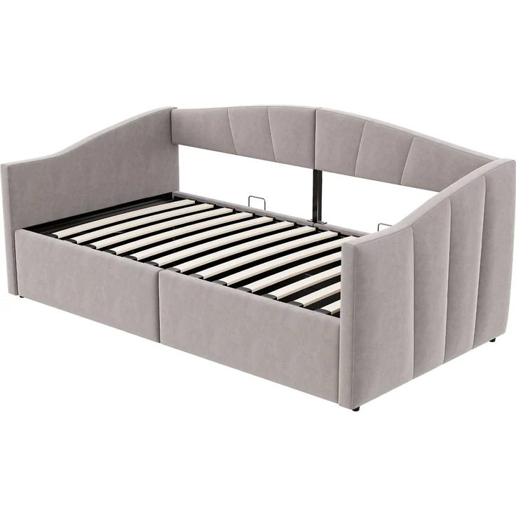 Polsterbett Sofabett 90*200 cm, Mit hydraulischer Lagerung, Mit Lattenrost und Armlehnen, Klassisch Gestreift, Multifunktionales Einzelbett, Hautfreundlicher Samtstoff, Hellgrau – Bild 7