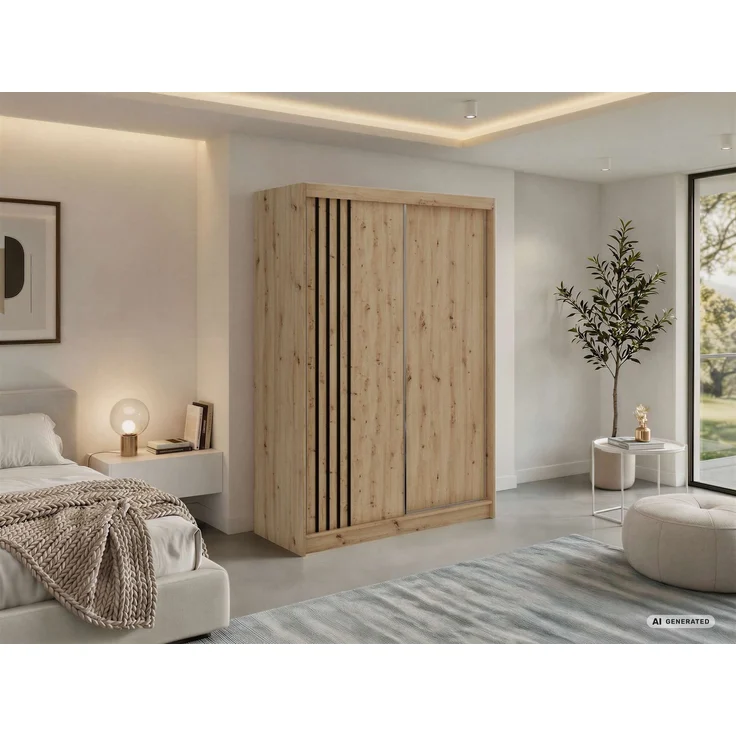 Schwebetürenschrank NAURU mit Lamellen-Optik, moderner Kleiderschrank, Breite 150 cm, inkl. Innenausstattung & Stauraum, Akustikpaneel-Design - Eiche Artisan und Schwarz – Bild 1