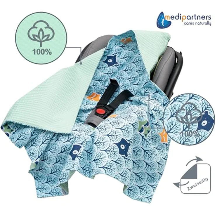 Medi Partners Einschlagdecke Baby Babyschale 100% Baumwolle für Sommer 85x85 cm Kinderwagen Kuscheldecke universal Baby Decke Einschlagdecken Babydecke Buggy Autositz (Wald mit Minzer Waffel) – Bild 5