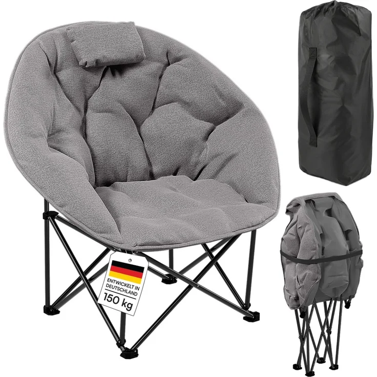 STEELSØN 'Hoggar' Moonchair faltbar, gepolsterter Campingstuhl grau, bis 150 kg, mit Kopfkissen und Tragetasche – Bild 1