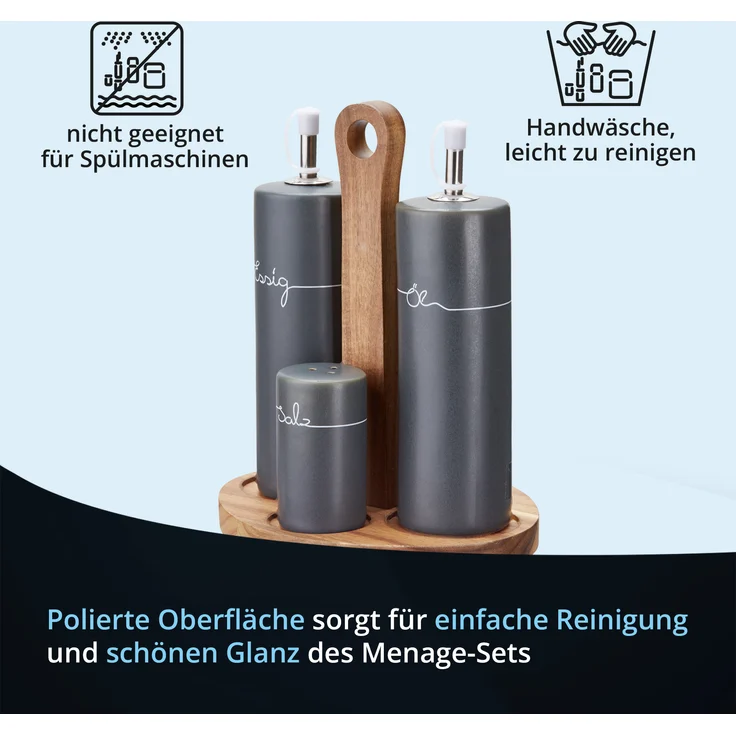 KHG Menage Set Keramik Steingut poliert, Anthrazit Grau mit Holz-Halterung für Öl Essig Salz & Pfeffer für den Tisch mit Beschriftung | Öl- & Gewürze-Vorrat 5-teilig mit Schutz-Deckel – Bild 4