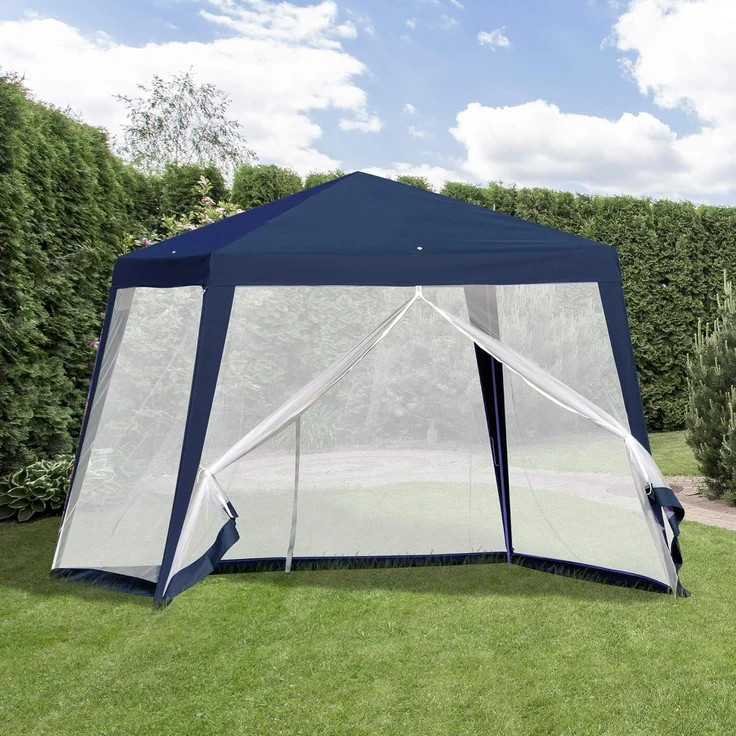 Outsunny Gartenpavillon Pavillon Festzelt Partyzelt wetterfest Zelt mit Moskitonetz Metall + Polyester Blau 3x3 m – Bild 2