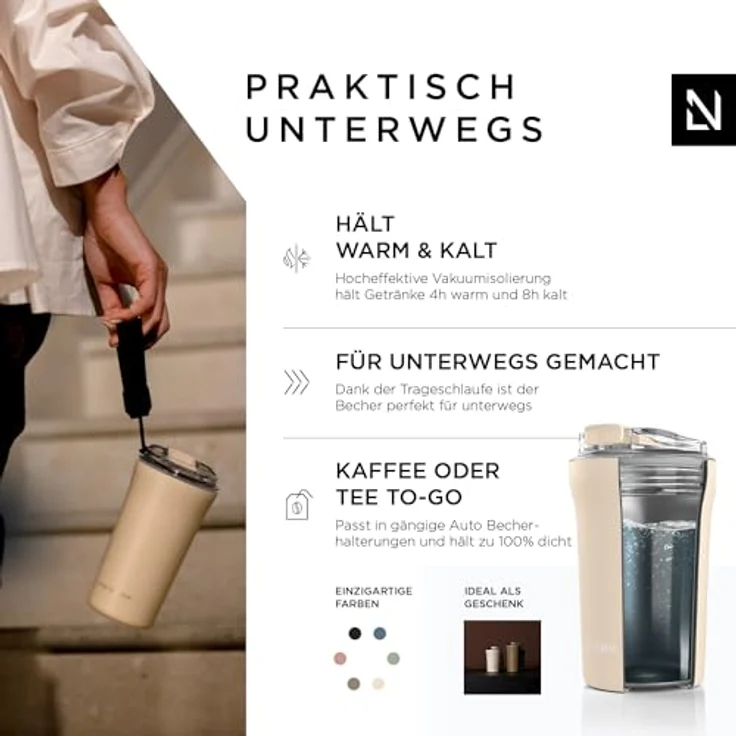 LARS NYSØM Rørelse Thermo Kaffeebecher to go | 0,38 Liter Isolierung | Auslaufsicherer Edelstahl Thermobecher (Almond Beige, 380ml) – Bild 2