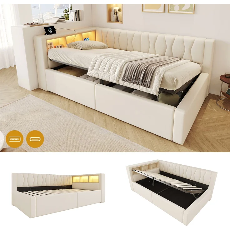 Daybett, Tagesbett, Schlafsofa,90x200cm, Ohne Matratze, Hydraulische Lagerung, mit dimmbarer LED-Leiste, mit praktischem Regal, mit USB-Anschluss, Beige – Bild 4
