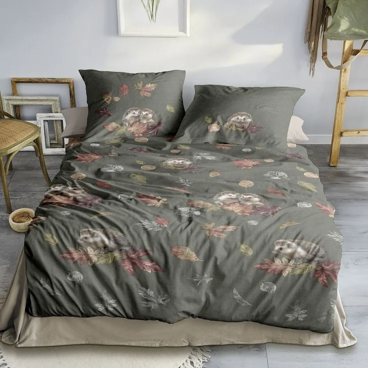 Irisette Biber Bettwäsche Panda 8784-30 Igel olivgrün 135x200 – Bild 1