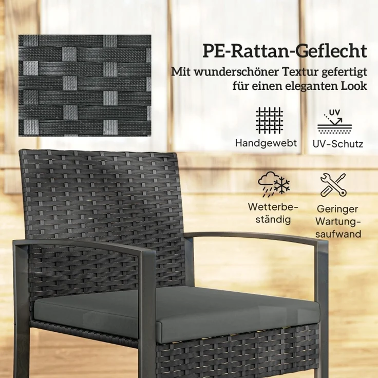 Balkon-Tischgruppe, Tisch H 40 x T 40 x B 40 cm, Kunststoff-Rattan und Glasplatte, mit 2 Stühlen – Bild 3