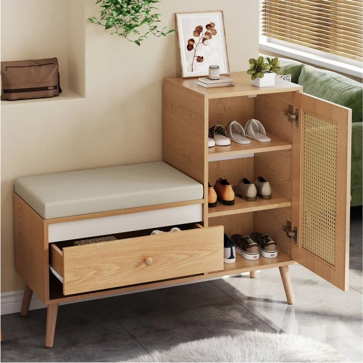 STILVORA Schuhschrank Rattan Garderobenbank mit Schuhschrank und Sitzpolster eine Schranktür (Schuhregal mit Schubladen & offenen Fächern, Mehrstufiges, multifunktionales Aufbewahrungssystem) Atmungsaktives und staubdichtes Design – Bild 5