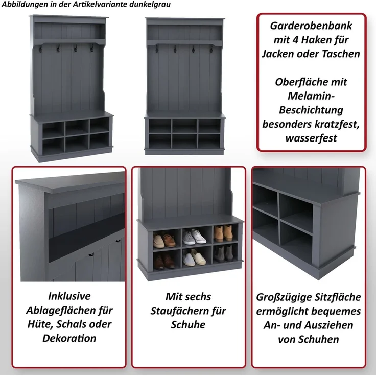 Garderobe HWC-P26, Flurgarderobe Holzgarderobe Sitzbank, 4 Haken Staufach Ablage Melamin 170x100x39cm ~ weiß – Bild 2