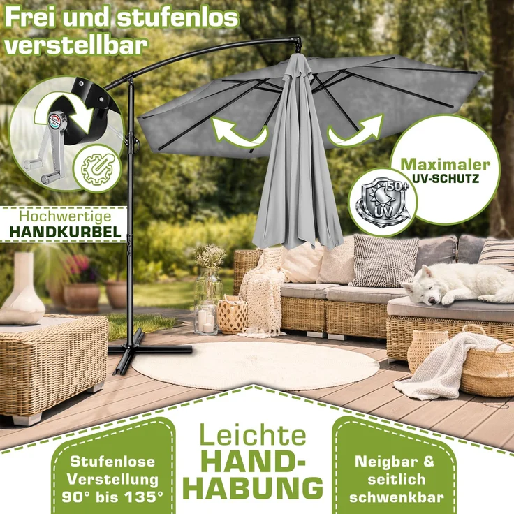 tillvex Sonnenschirm Grau Ø 350 cm Ampelschirm Gartenschirm Marktschirm Kurbel Balkon Alu Neigbar Grau - Ø350cm – Bild 3