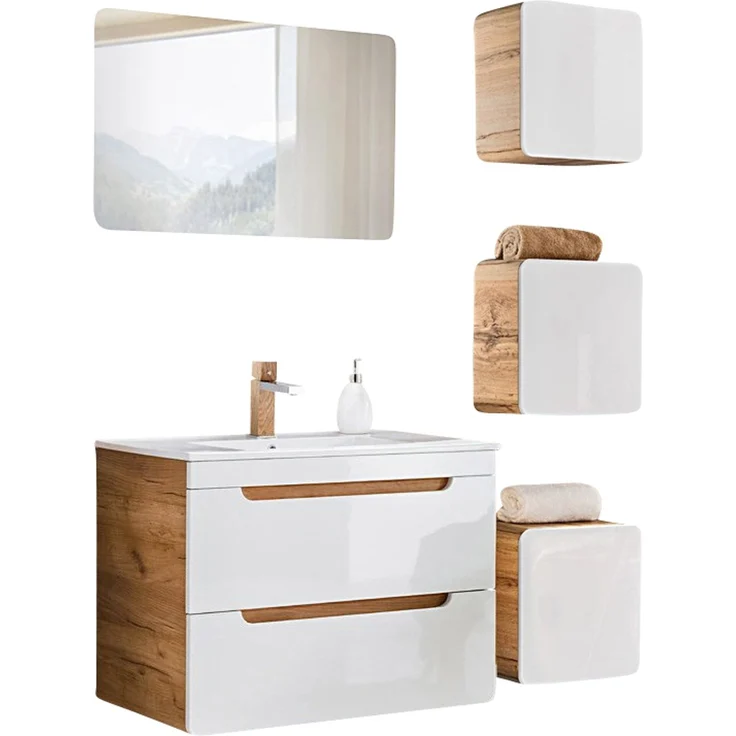 Badmöbel Set Hochglanz weiß, Wotan Eiche Nb. LUTON-56 mit Keramik-Waschtisch & LED-Spiegel, B/H/T ca. 130/200/46 cm – Bild 9