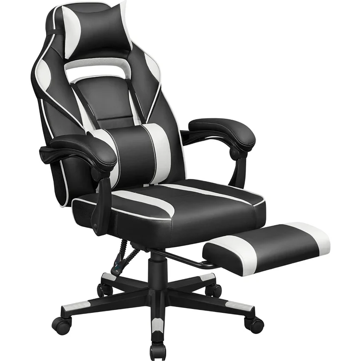 Songmics Bürostuhl, ausziehbare Fußstütze, Kopfkissen, Lendenkissen, höhenverstellbar, ergonomisch, neigbare Rückenlehne, bis 150 kg belastbar, tintenschwarz-wolkenweiß – Bild 1