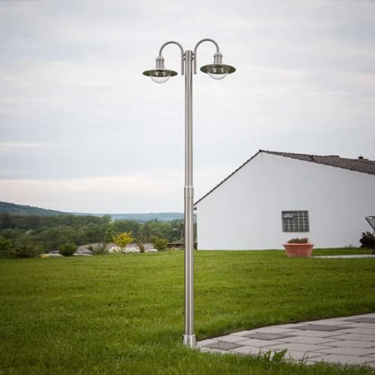 Lindby Mastleuchte Damion, spritzwassergeschützte 2-flammige Kandelaber Außenleuchte aus Edelstahl, E27, modern, für Terrasse, Garten und Balkon – Bild 3