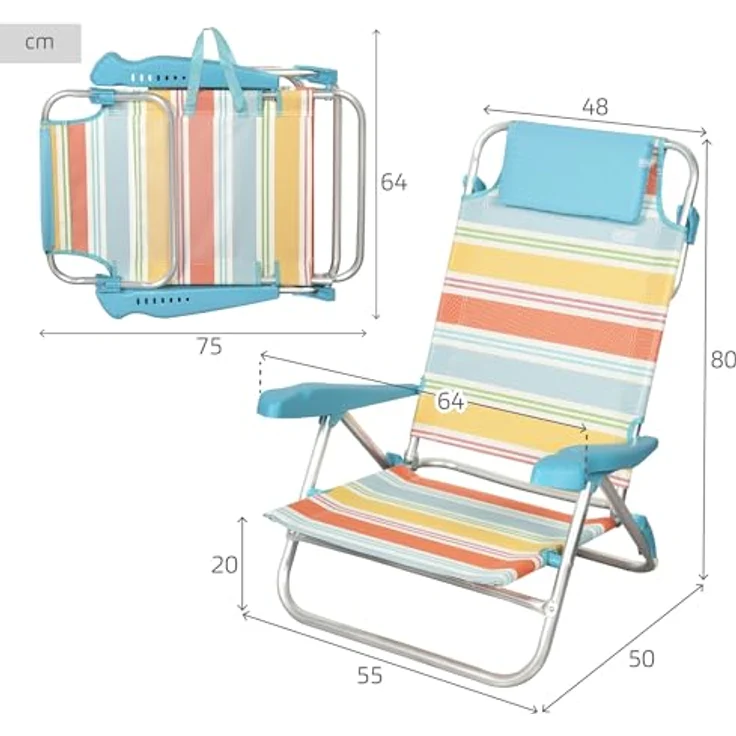 AKTIVE Strandklappstuhl, 47 x 49 x 82 cm, Rückenlehne in 8 Positionen, aus Aluminium und Textilene, Mehrfarbig, mit Kissen, Rückentasche und Handgriffen, Modell Santorini (62419) – Bild 4