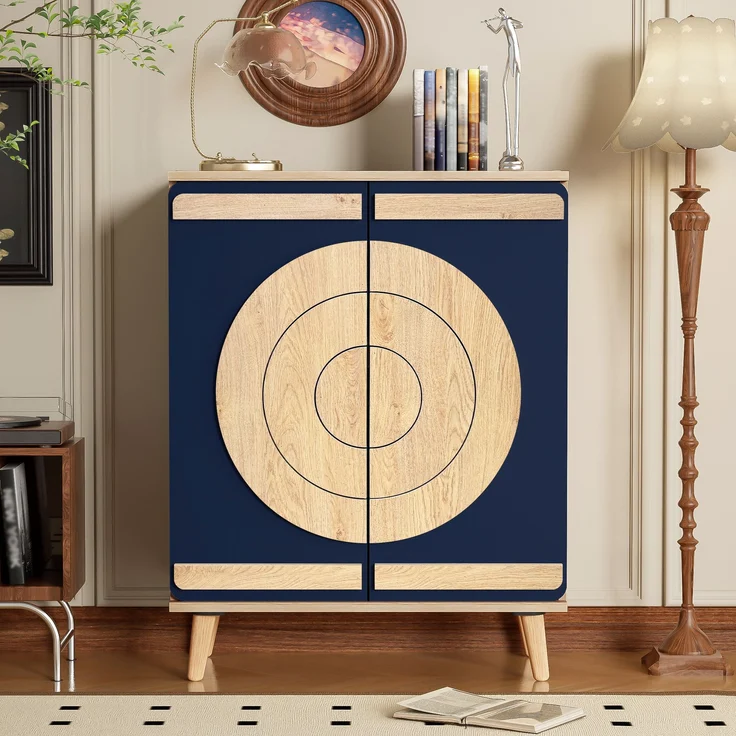 Schuhschrank 76cm×37cm×98.5cm kreisrunde Türen Blau Natur mehrstufig bis 40 kg – Bild 4