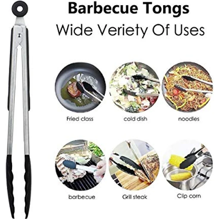 iNeibo Grillzange Küchenzange Zange Küche aus Rostfreim Edelstahl und Silikon Fleischzange Kochzange mit Hitzebeständigem Silikongriff 2er Set 30cm und 23cm Schwarz – Bild 7