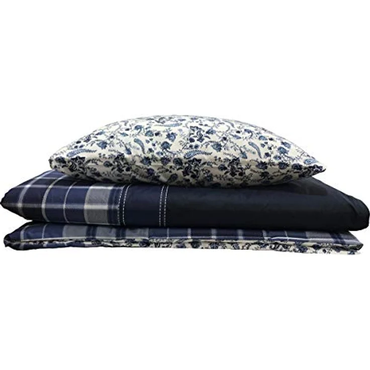 Buymax Bettwäsche Wende-Bettwäsche, Pablo, Renforce: 100% Baumwolle, 3 teilig, 200x200 cm, Bettbezug-Set, mit Reißverschluss, Blumen, Karo, Weiß Blau – Bild 4