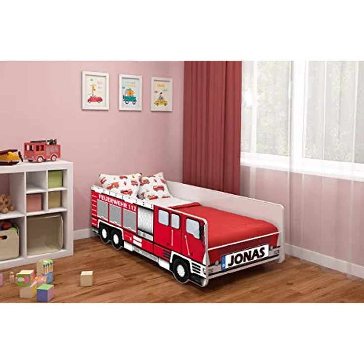 ACMA Kinderbett Auto-Bett Feuerwehr mit Rausfallschutz, Lattenrost und Matratze (160x80 + Name) – Bild 3