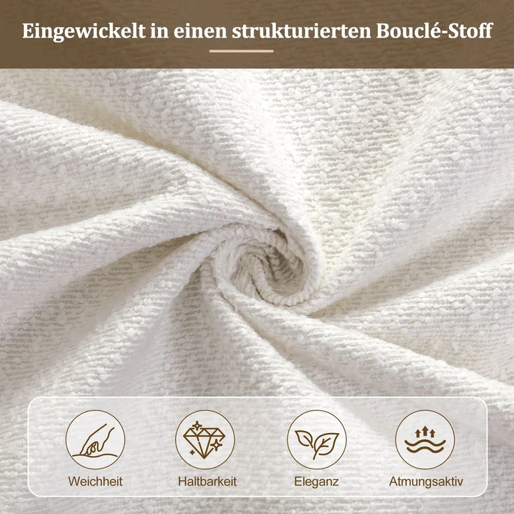 Merax Polsterbett, Doppelbett, 160*200cm, Bett mit Lattenrost und gepolstertes Kopfteil, Beine aus Massivholz, Bouclé, Weiß – Bild 5