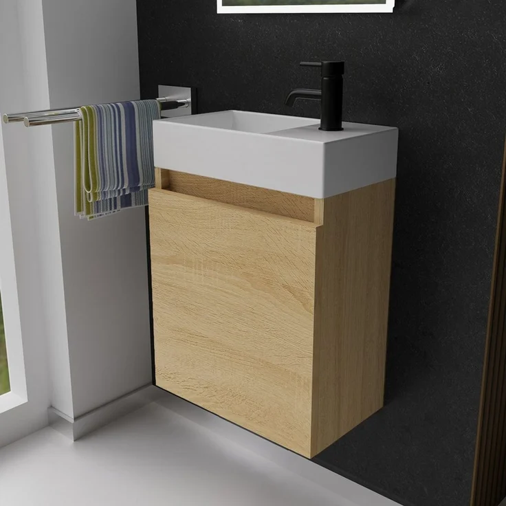 Alpenberger Badmöbel-Set Gäste WC Waschbecken mit Unterschrank - Badschrank Hängend, (2-tlg. Waschtisch Set Eiche Hell, Waschbeckenunterschrank mit Softclose), Waschplätze für Kleine Bäder - Badschrank Hängend und Vormontiert – Bild 1