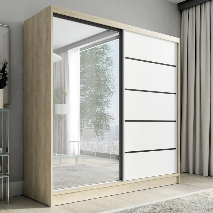 A&J MöbelLand Schwebetürenschrank NERO 2 200 cm mit Spiegel drei Schubladen