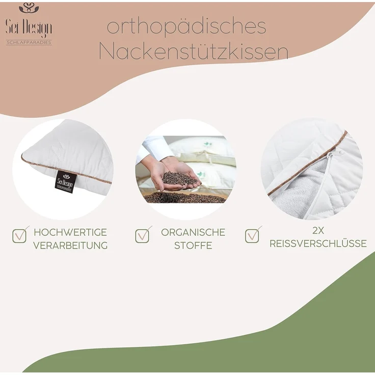 SEI Design Kopfkissen 40x80 mit Nackenrolle aus Buchweizenschalen, Bezug: 100% Polyester, Rückenschläfer, Seitenschläfer, gesteppt mit Nackenrolle – Bild 4