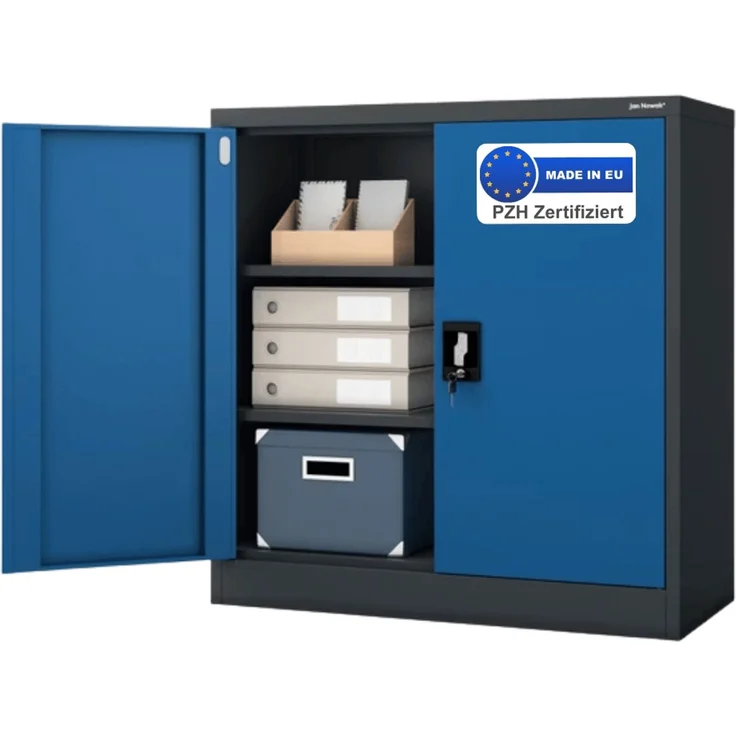Aktenschrank abschließbar KADO - 3 Ebenen verstellbar, Flügeltüren | Metallschrank Werkstatt Mehrzweckschrank Büroschrank aus Stahl Werkzeugschrank, 93x90x40cm Anthrazit-Blau – Bild 1
