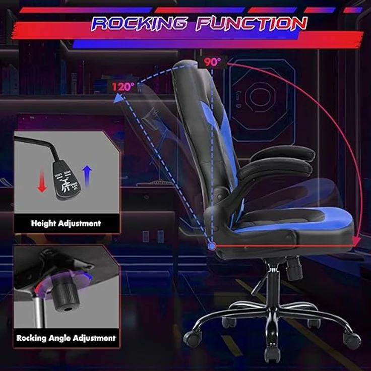 Sweetcrispy Gaming-Stuhl – Computerstuhl Ergonomischer Bürostuhl PU-Leder Schreibtischstuhl Chefsessel Verstellbarer Drehstuhl Arbeitsstuhl mit hochklappbarer Armlehne – Bild 7
