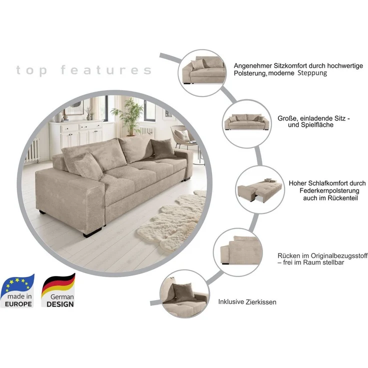 COLLECTION AB Schlafsofa Kreta, B: 248 cm, Liegefl. 137x195 cm, Bettfunktion, Bettkasten & 2 Zierkissen, optional mit Topper – Bild 3