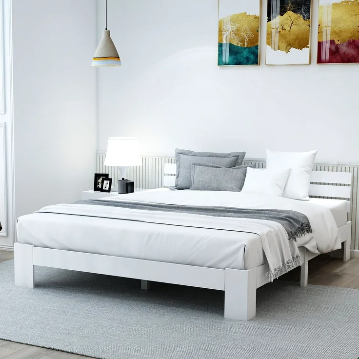 Holzbett Massivholz mit Lattenrost, 140x200 cm, Weiß, ohne Matratze – Bild 4