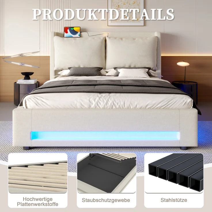 LVHOM Polsterbett 140x200cm mit LED&USB, Doppelbett mit Stauraum, Stauraumbett mit abnehmbaren Kissen, Bettgestell Massiv, Samtstoff, Beige – Bild 7