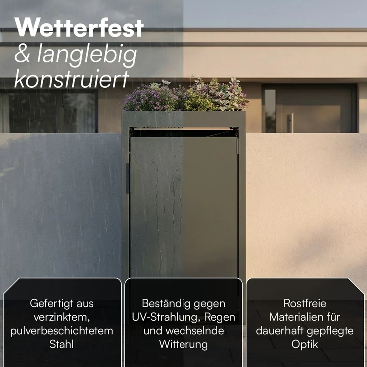 STEELSØN 'Thoria' Mülltonnenbox 1er je 240 Liter, anthrazit, Mülltonnenverkleidung aus Stahl, wetterfest, 125x80x69 cm, Müllbox mit Pflanzendach für 1 Tonne – Bild 4