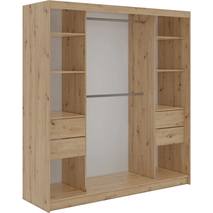 Schwebetürenschrank NAURU mit Lamellen-Optik, moderner Kleiderschrank, Breite 200 cm, inkl. Innenausstattung & Stauraum, Akustikpaneel-Design - Eiche Artisan und Schwarz - mit Schubladen – Bild 4