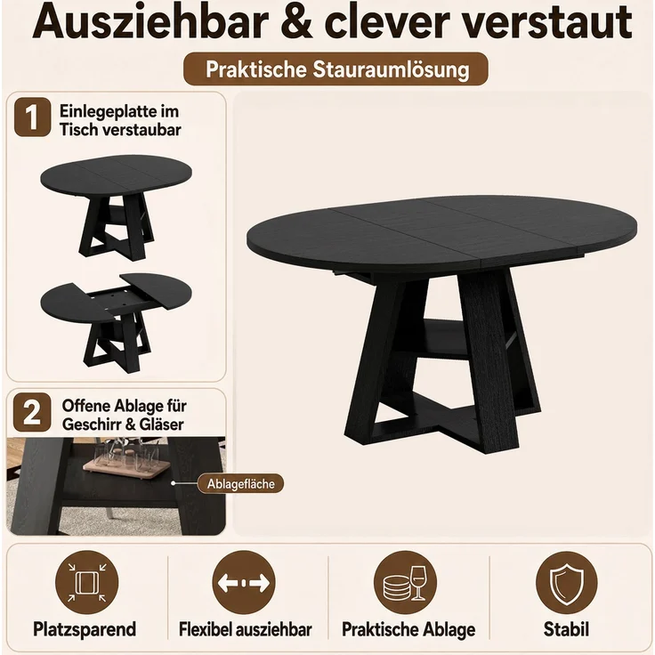 Esstisch ausziehbar, Ø 110 cm, ausgezogen B 150 x T 110 x H 75 cm, MDF in Schwarz mit Ablage – Bild 7