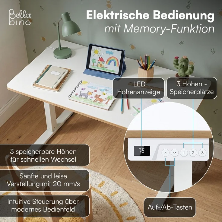 Bellabino 'Toro' Kinderschreibtisch 110x60 cm, elektrisch höhenverstellbar, weiß, Schreibtisch mit kindergesicherter Steuerung, LED-Höhenanzeige und 3 Speicherhöhen, Jugendschreibtisch mit Rucksackhaken, ab 6 Jahren – Bild 5