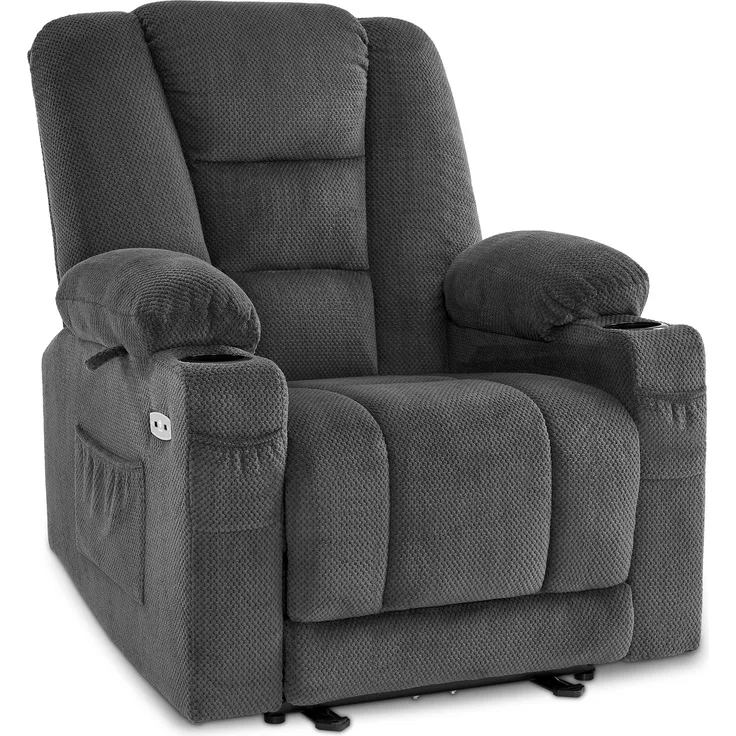 MCombo Relaxsessel mit Liegefunktion, Massage & Wärmefunktion, USB & Getränkehalter, Stoff Dunkelgrau, 94 x 90 x 105 cm