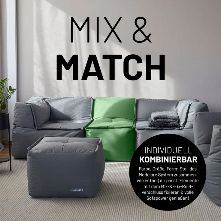 Lumaland Sitzsack-Hocker Modular 54x54x40cm pastellgrün eckig – Bild 3
