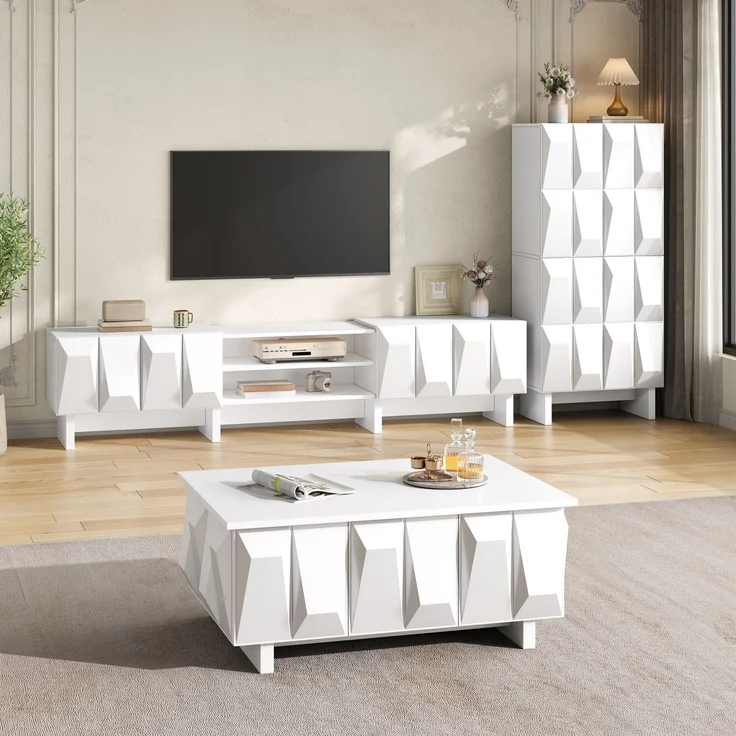 EINHOM Wohnzimmermöbel Set mit 3D-Front, Couchtisch, TV-Lowboard und Sideboard, Modernes Möbel-Set aus PB, Geometrisches Design – Bild 1