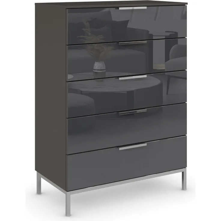 Rauch Möbel Flipp, Nachttisch für Schlafzimmer, Kinderzimmer, Wohnzimmer, Flur, Garderobe, 5 Schubladen, mit Softclose Funktion, Griffe und Metallkufe Chrom, Farbe Glas Basalt, Schwarz, Breite 80 cm