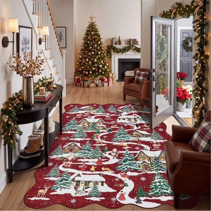 GarveeMore Teppich Roter Weihnachtsteppich mit Winterlandschaft – Festlicher Dekoteppich, Höhe: 5 mm – Bild 3