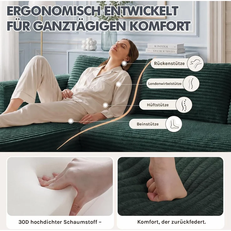 COMHOMA Ecksofa mit Schlaffunktion, 228cm Corduroy Modulares Boneless Couch mit Chaiselongue & Rücken-Metallgestell, L-Form Schlafsofa mit offenem Design, Kissen & Seitentaschen,für Wohnzimmer, Grün-R – Bild 9
