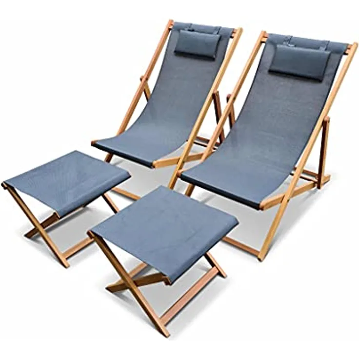 Alice's Garden Creus, 2er-Set Liegestühle aus geöltem Eukalyptus, Multi-Position mit Kopfstützpolster in Grau und Fußstütze